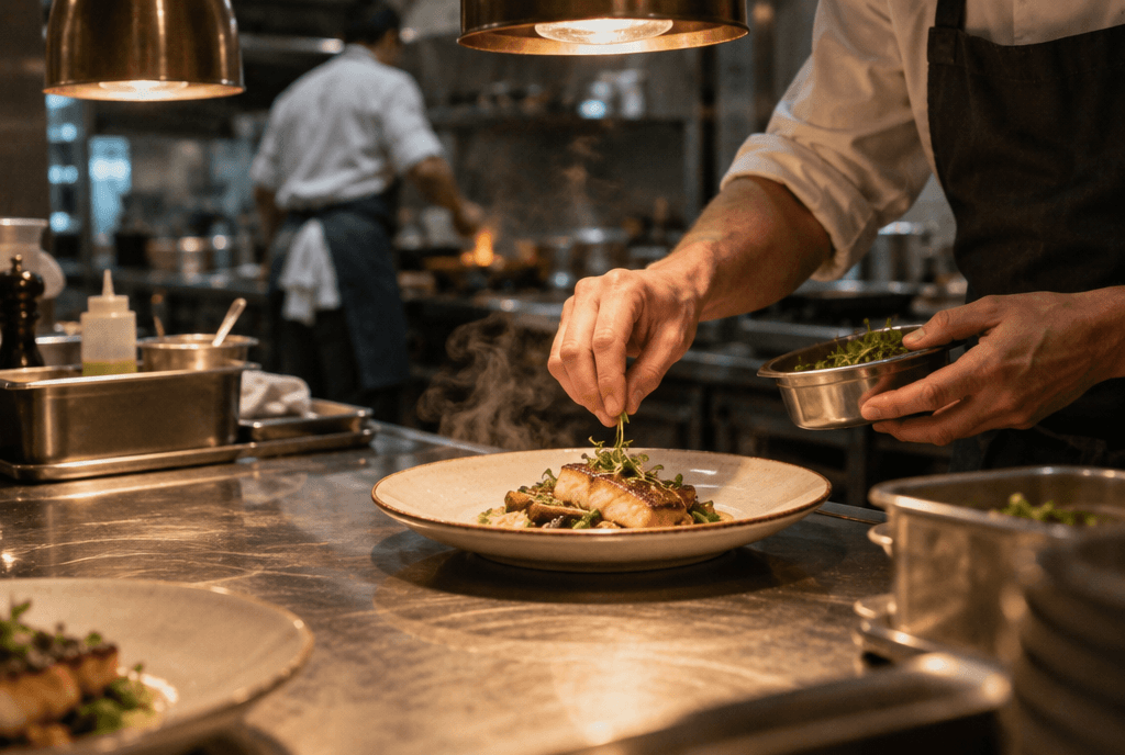 Un cuisinier dresse une assiette au passe pendant le service.